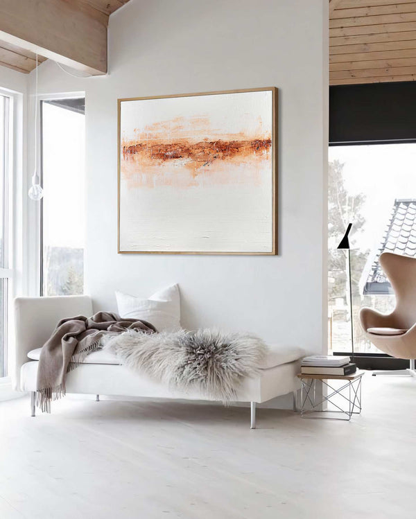 Sky's the Limit, white original abstract painting shown in a styled living room, by Nemanja Nikolic