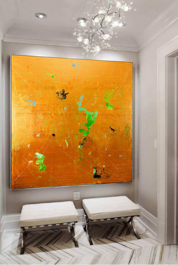 Splash of Gold, orange original abstract painting shown in a styled living room, by Nemanja Nikolic
