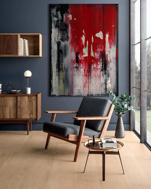 The Curtain Rose, red original abstract painting shown in a styled living room, by Nemanja Nikolic