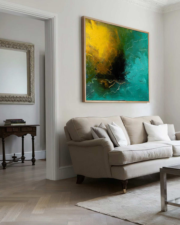 The Dance We Do, green original abstract painting shown in a styled living room, by Nemanja Nikolic