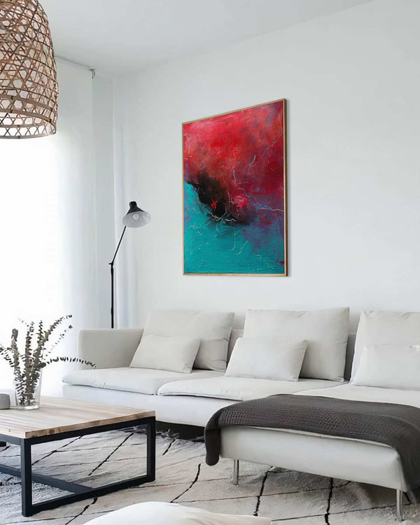 The Infinite Realms, red original abstract painting shown in a styled living room, by Nemanja Nikolic