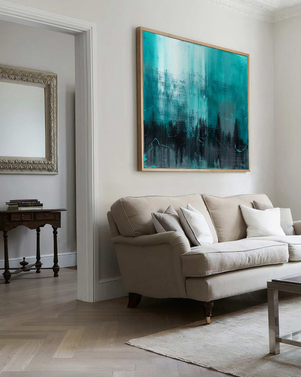 The Moon Fell From the Sky, teal original abstract painting shown in a styled living room, by Nemanja Nikolic