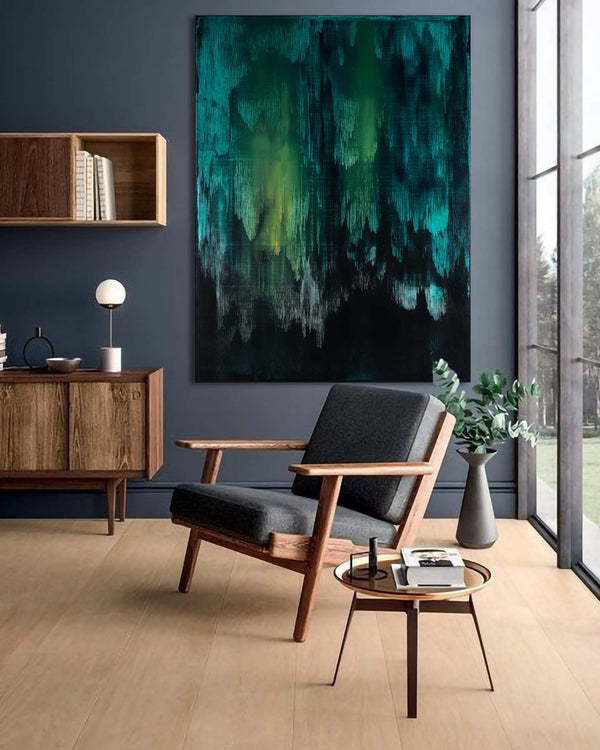 The Night We Met, green original abstract painting shown in a styled living room, by Nemanja Nikolic