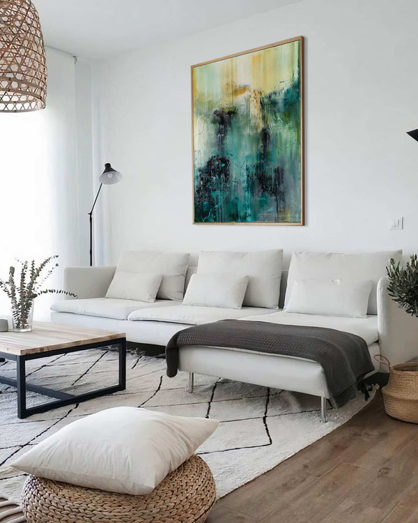The Shape of Time, green original abstract painting shown in a styled living room, by Nemanja Nikolic