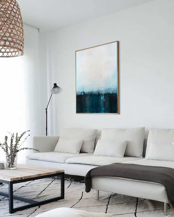 The Shape of Your Absence, teal original abstract painting shown in a styled living room, by Nemanja Nikolic