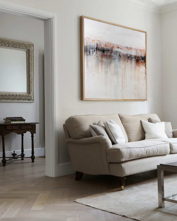 The Weight of Light, white original abstract painting shown in a styled living room, by Nemanja Nikolic