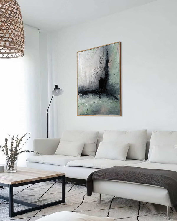 Things Change, green original abstract painting shown in a styled living room, by Nemanja Nikolic