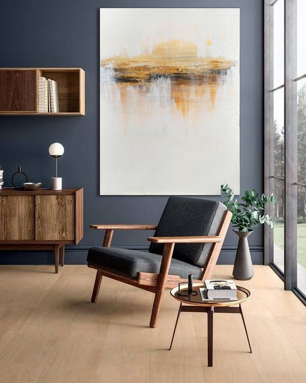 Through the Sunshine, white original abstract painting shown in a styled living room, by Nemanja Nikolic