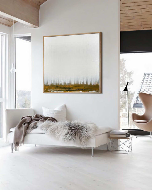 Tranquility, cream original abstract painting shown in a styled living room, by Nemanja Nikolic