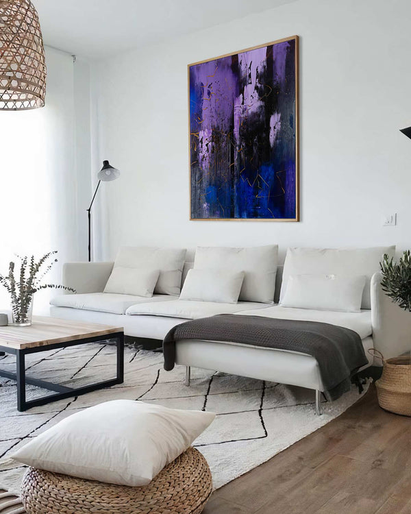 Twists Inside, purple original abstract painting shown in a styled living room, by Nemanja Nikolic