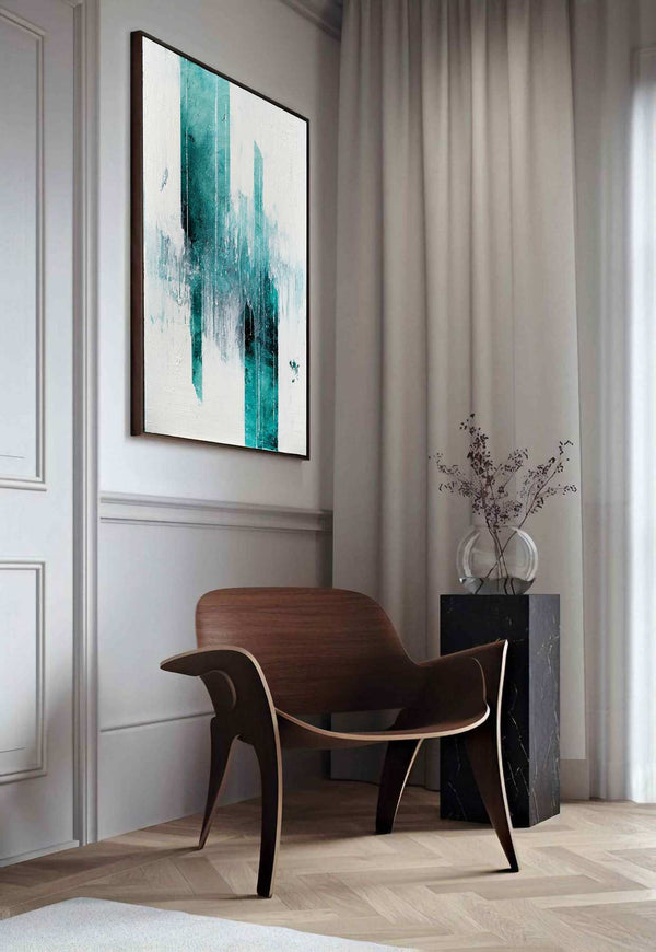 Under The Glaciers, teal original abstract painting shown in a styled living room, by Nemanja Nikolic