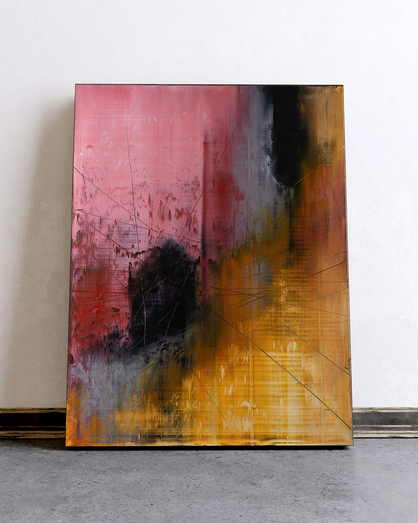 Under the Surface, pink original abstract painting, front view on a wall, by Nemanja Nikolic (40"x30", acrylic on canvas)