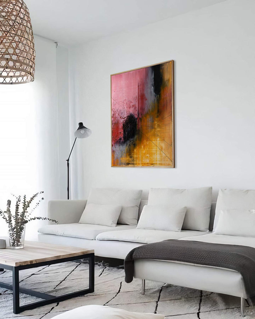 Under the Surface, pink original abstract painting shown in a modern interior, by Nemanja Nikolic