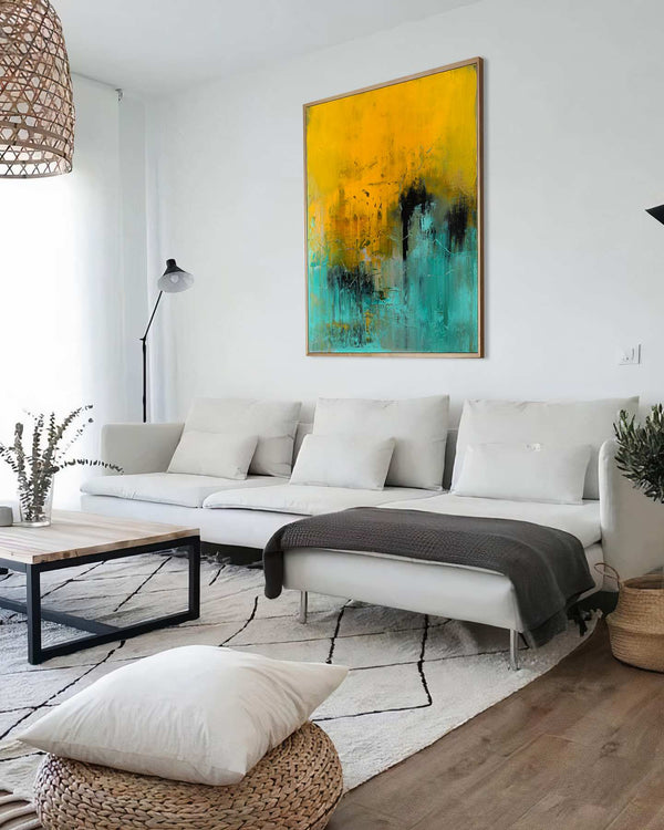 Under this Sky, yellow original abstract painting shown in a styled living room, by Nemanja Nikolic