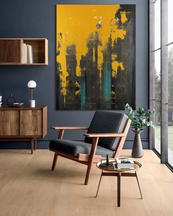 Unexpected Journey, yellow original abstract painting shown in a styled living room, by Nemanja Nikolic