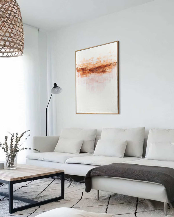 Unravelled, cream original abstract painting shown in a styled living room, by Nemanja Nikolic