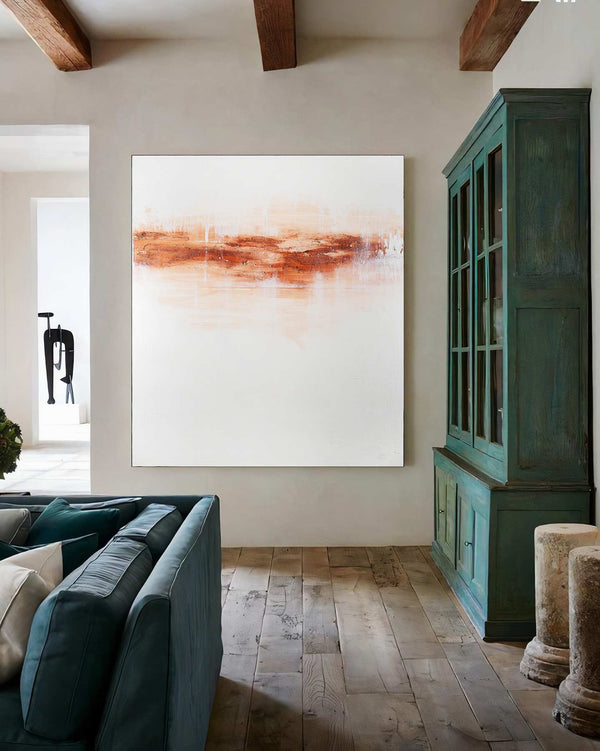 Until Then, white original abstract painting shown in a styled living room, by Nemanja Nikolic