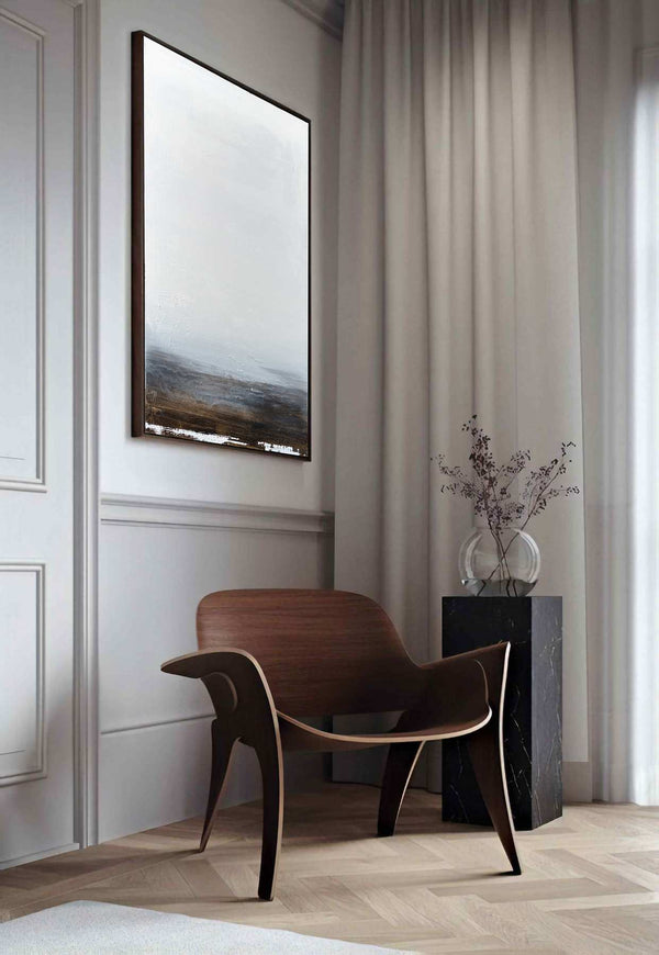 Untold Story, grey original abstract painting shown in a styled living room, by Nemanja Nikolic