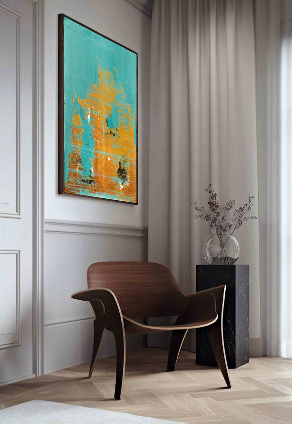Us Against the World, turquoise original abstract painting shown in a styled living room, by Nemanja Nikolic