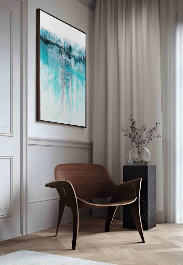 Vanishing Point, turquoise original abstract painting shown in a styled living room, by Nemanja Nikolic