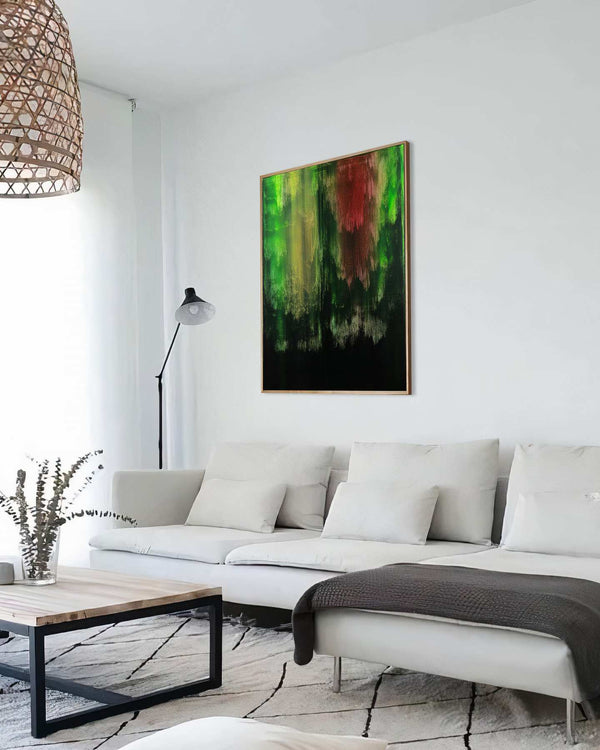 Viridi Dolorem, green original abstract painting shown in a styled living room, by Nemanja Nikolic