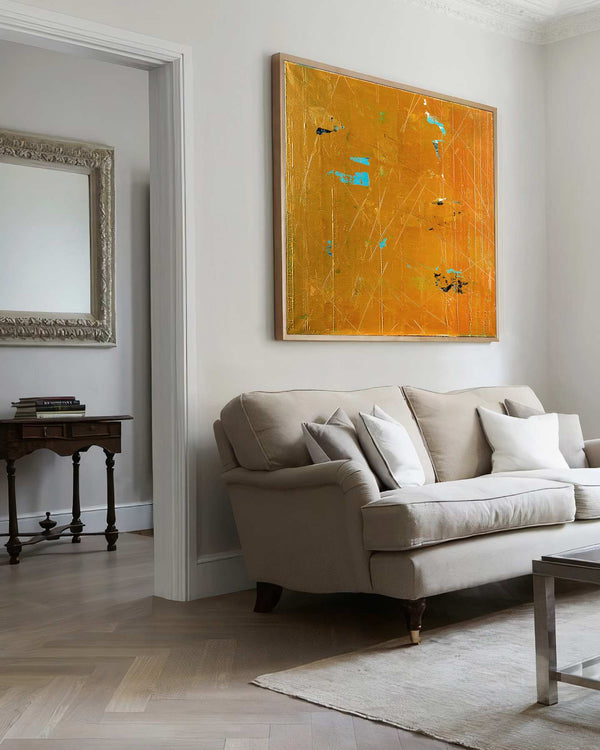 Vivamus, ochre original abstract painting shown in a styled living room, by Nemanja Nikolic