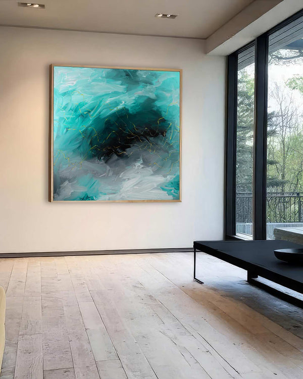 Watch It Fly, turquoise original abstract painting shown in a styled living room, by Nemanja Nikolic