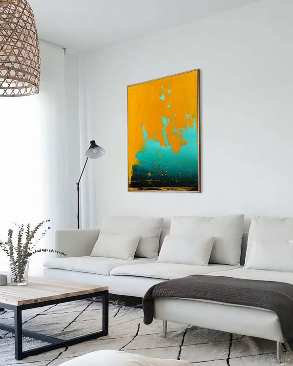 What If, orange original abstract painting shown in a styled living room, by Nemanja Nikolic