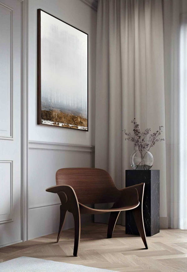 When the Earth Turns Cold, white original abstract painting shown in a styled living room, by Nemanja Nikolic