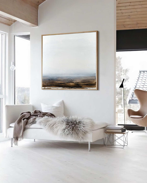 Where It Belongs, white original abstract painting shown in a styled living room, by Nemanja Nikolic
