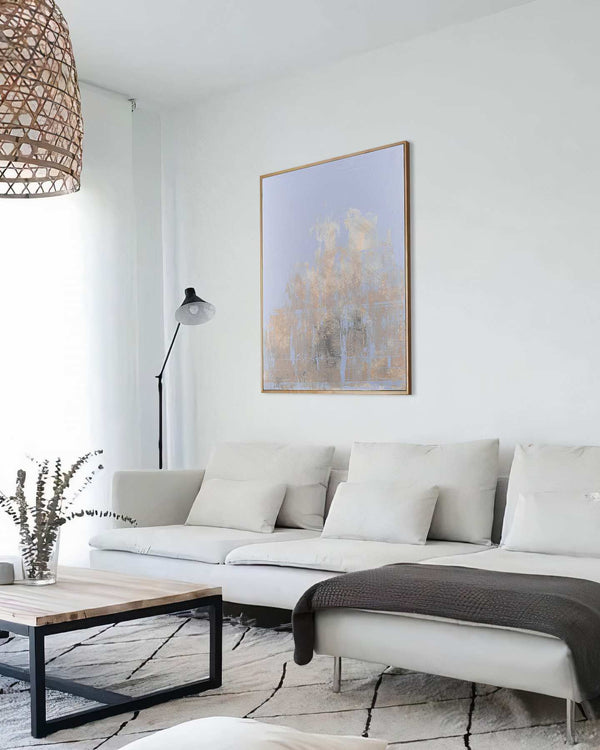 Where My Mind Rests, grey original abstract painting shown in a styled living room, by Nemanja Nikolic