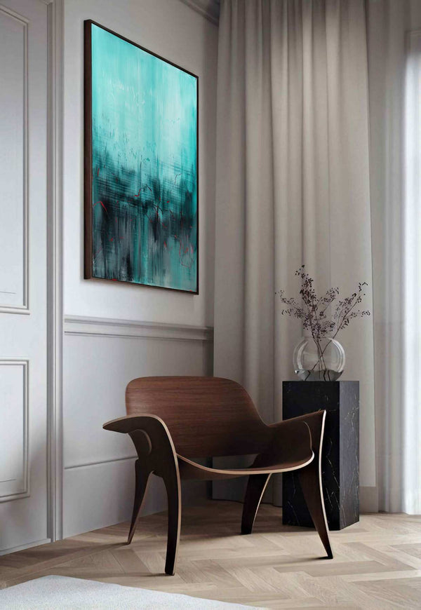 Whispers in Ultramarine, turquoise original abstract painting shown in a styled living room, by Nemanja Nikolic