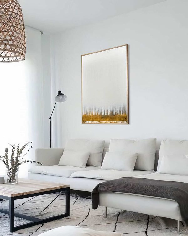 Wide Open Spaces, white original abstract painting shown in a styled living room, by Nemanja Nikolic