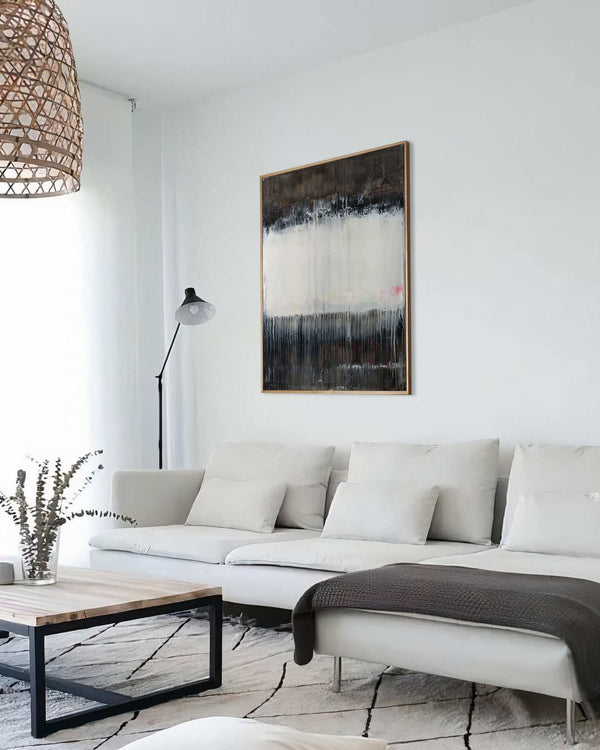 Without a Trace, black original abstract painting shown in a styled living room, by Nemanja Nikolic