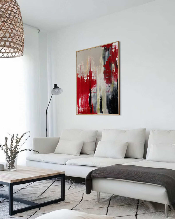 Without Hesitation, red original abstract painting shown in a styled living room, by Nemanja Nikolic