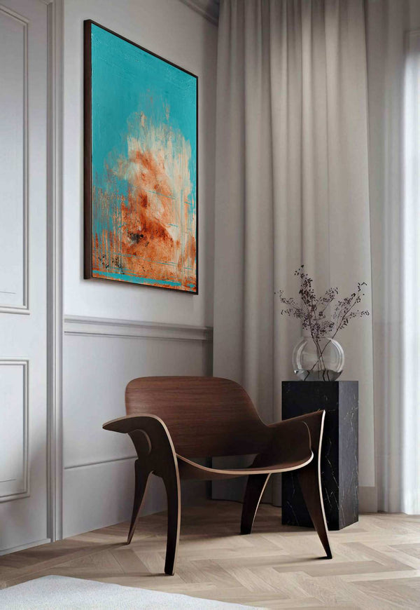 Worlds Apart, teal original abstract painting shown in a styled living room, by Nemanja Nikolic