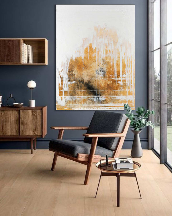 Wrapped In Your Silence, white original abstract painting shown in a styled living room, by Nemanja Nikolic