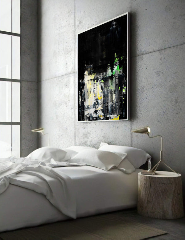 A Glimpse Of Summer, black original abstract painting shown in a styled living room, by Nemanja Nikolic