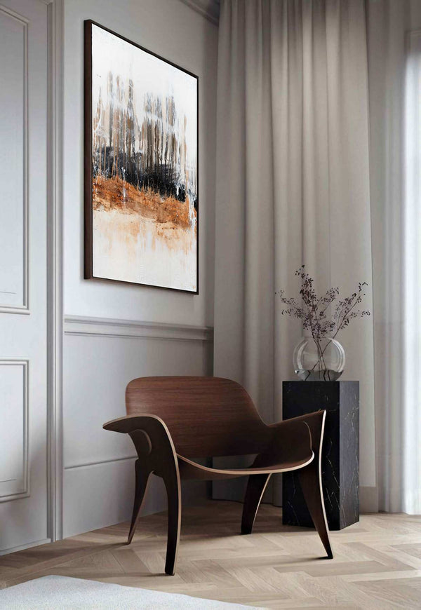 A Quiet Forest, white original abstract painting shown in a styled living room, by Nemanja Nikolic
