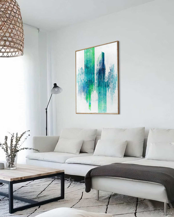 State of Balance, green original abstract painting shown in a styled living room, by Nemanja Nikolic