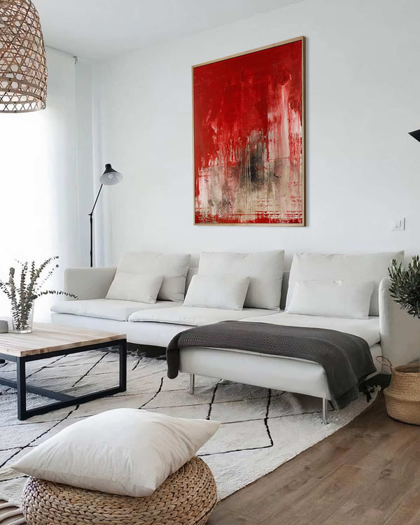 Ab Aeterno, red original abstract painting shown in a styled living room, by Nemanja Nikolic