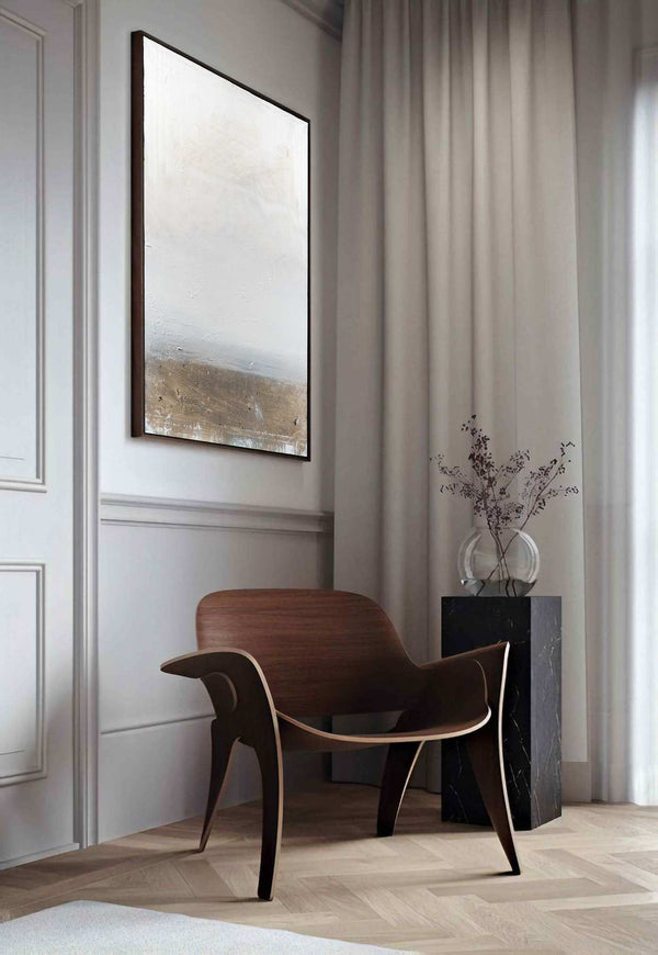 Absence, white original abstract painting shown in a styled living room, by Nemanja Nikolic