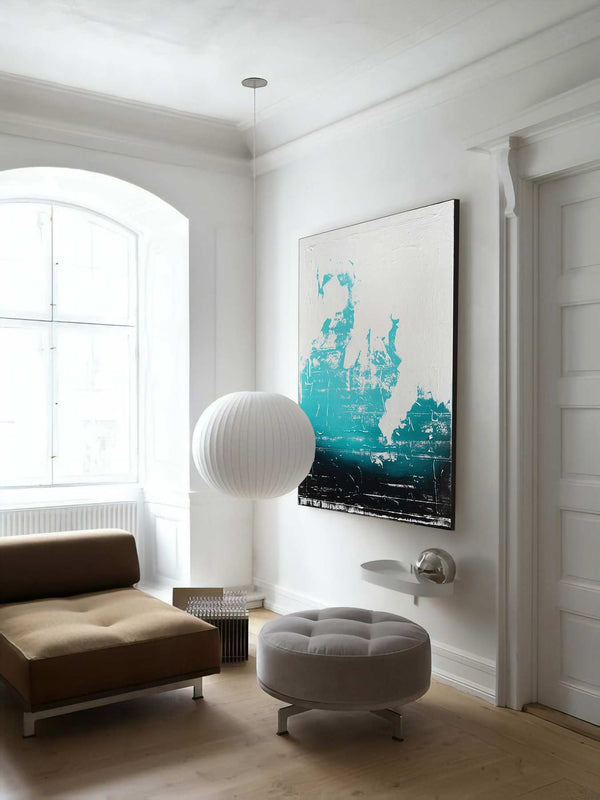 Abyss, white original abstract painting shown in a styled living room, by Nemanja Nikolic