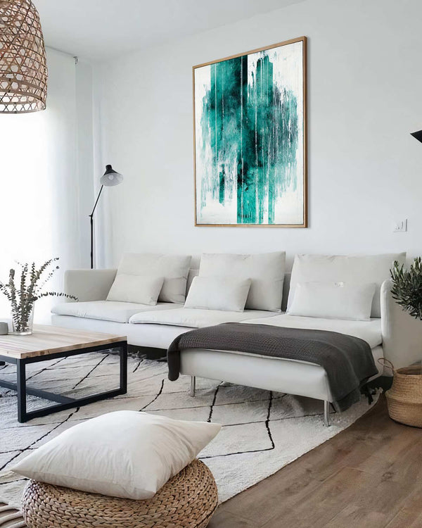 Albus Viridis, teal original abstract painting shown in a styled living room, by Nemanja Nikolic