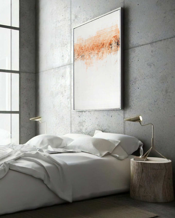 Almagra, white original abstract painting shown in a styled living room, by Nemanja Nikolic