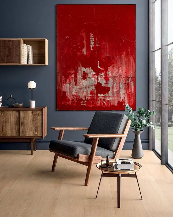 Ancestry, red original abstract painting shown in a styled living room, by Nemanja Nikolic