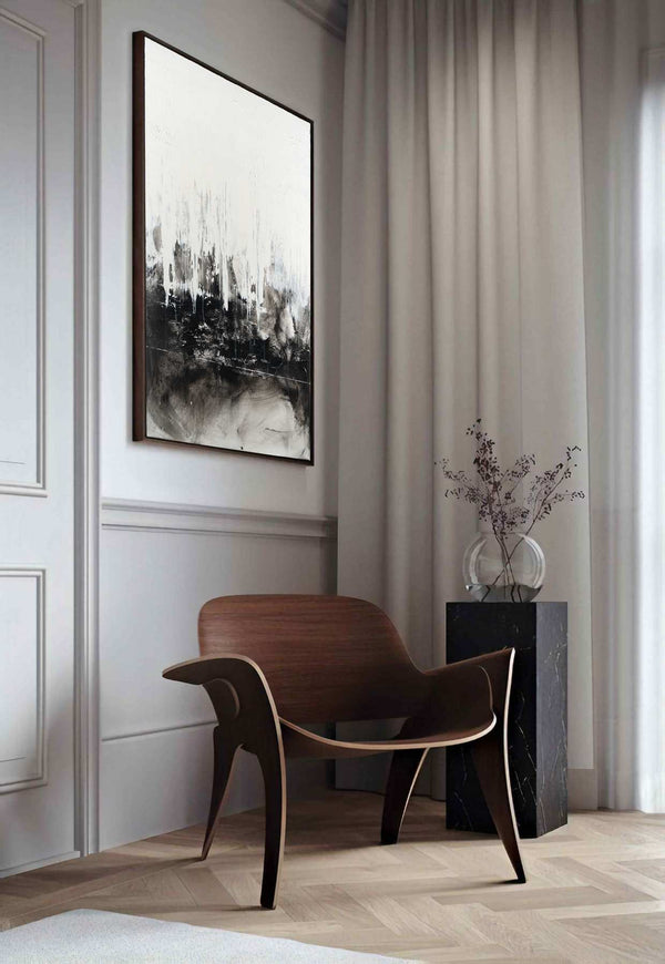 And it breaks my heart to love you, white original abstract painting shown in a styled living room, by Nemanja Nikolic