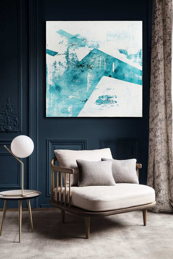 Angle, white original abstract painting shown in a modern interior, by Nemanja Nikolic