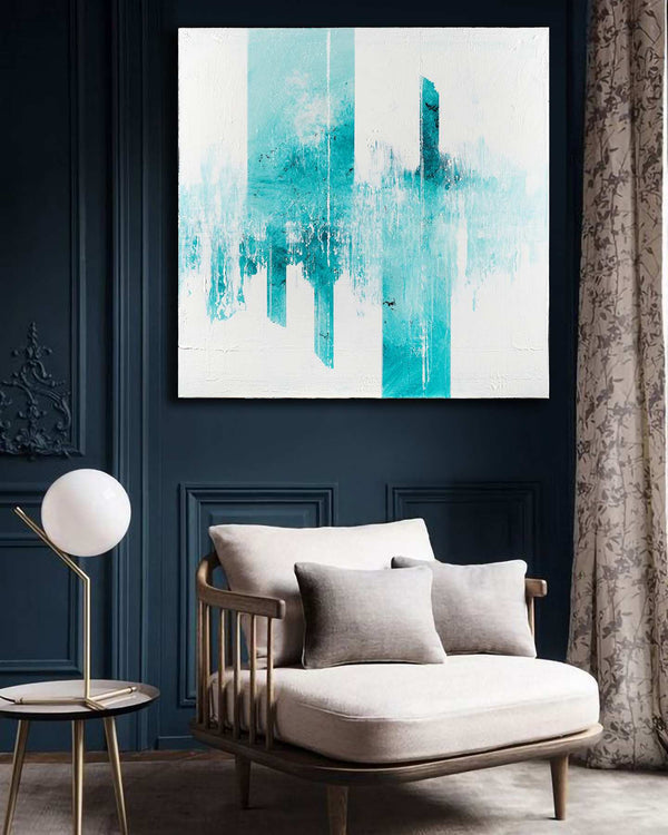 Antarctic Air, white original abstract painting shown in a styled living room, by Nemanja Nikolic