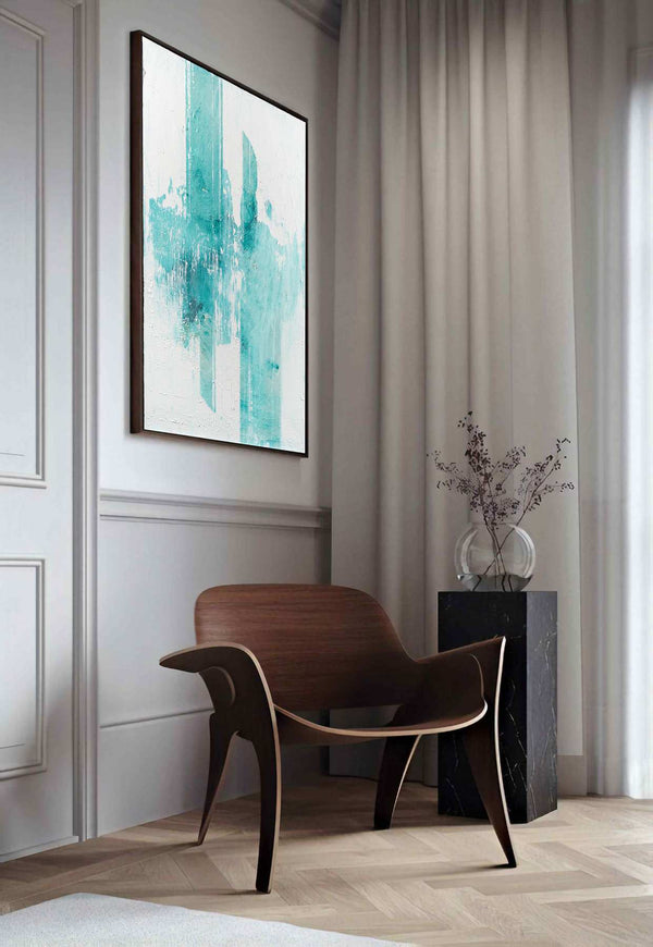 Arctic Illusion, white original abstract painting shown in a styled living room, by Nemanja Nikolic